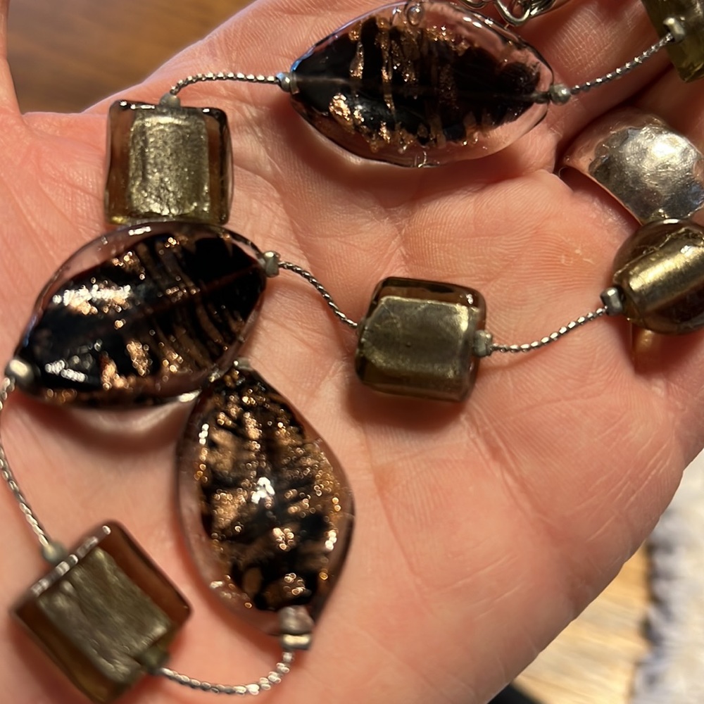 Handmade foil glass beads copper black silver on metal chain lobster clasp 22 “